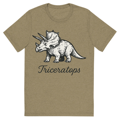 Front view of a Premium Tri-Blend Crew Neck T-Shirt in Olive showing 'A flat, neutral graphic of a stylized sketch of a triceratops with three horns and a frilled head. “triceratops” appears in graceful cursive below. ink illustration on a white background.'