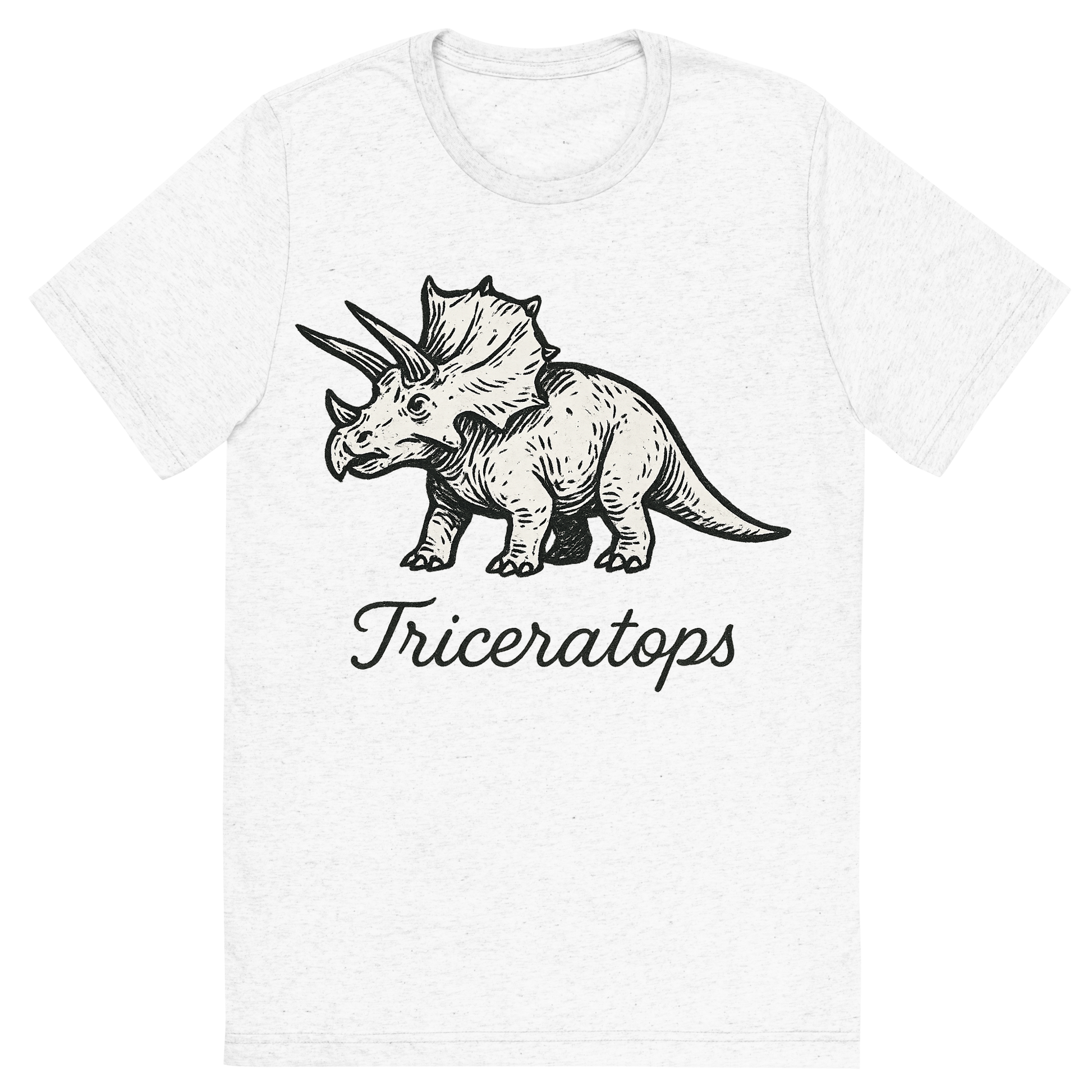 Front view of a Premium Tri-Blend Crew Neck T-Shirt in Solid White showing 'A flat, neutral graphic of a stylized sketch of a triceratops with three horns and a frilled head. “triceratops” appears in graceful cursive below. ink illustration on a white background.'