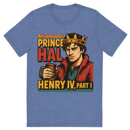 Front view of a Premium Tri-Blend Crew Neck T-Shirt in Blue showing 'A retro, edgy graphic of a visual representation of a key theme and character from william shakespeare's henry iv, part 1'