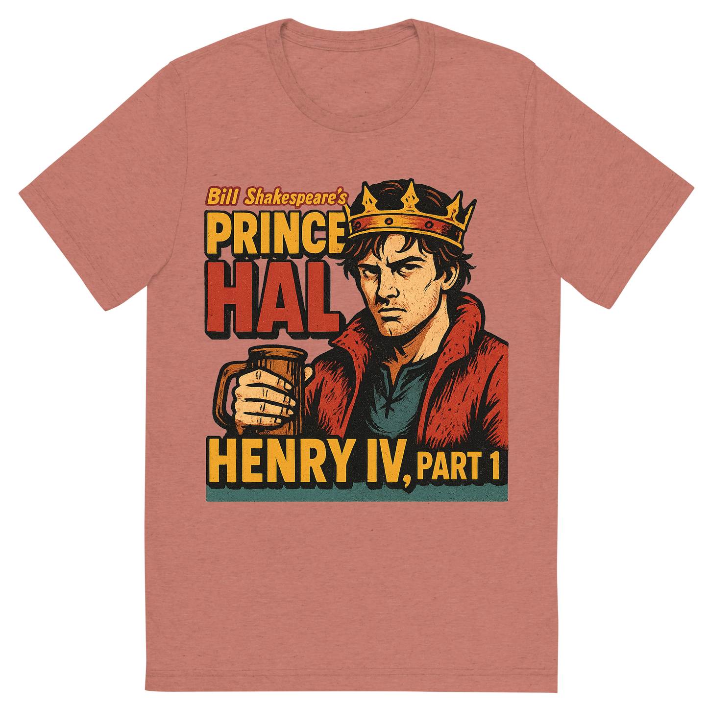 Front view of a Premium Tri-Blend Crew Neck T-Shirt in Mauve showing 'A retro, edgy graphic of a visual representation of a key theme and character from william shakespeare's henry iv, part 1'