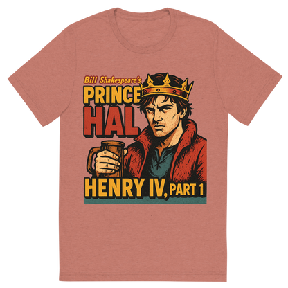 Front view of a Premium Tri-Blend Crew Neck T-Shirt in Mauve showing 'A retro, edgy graphic of a visual representation of a key theme and character from william shakespeare's henry iv, part 1'
