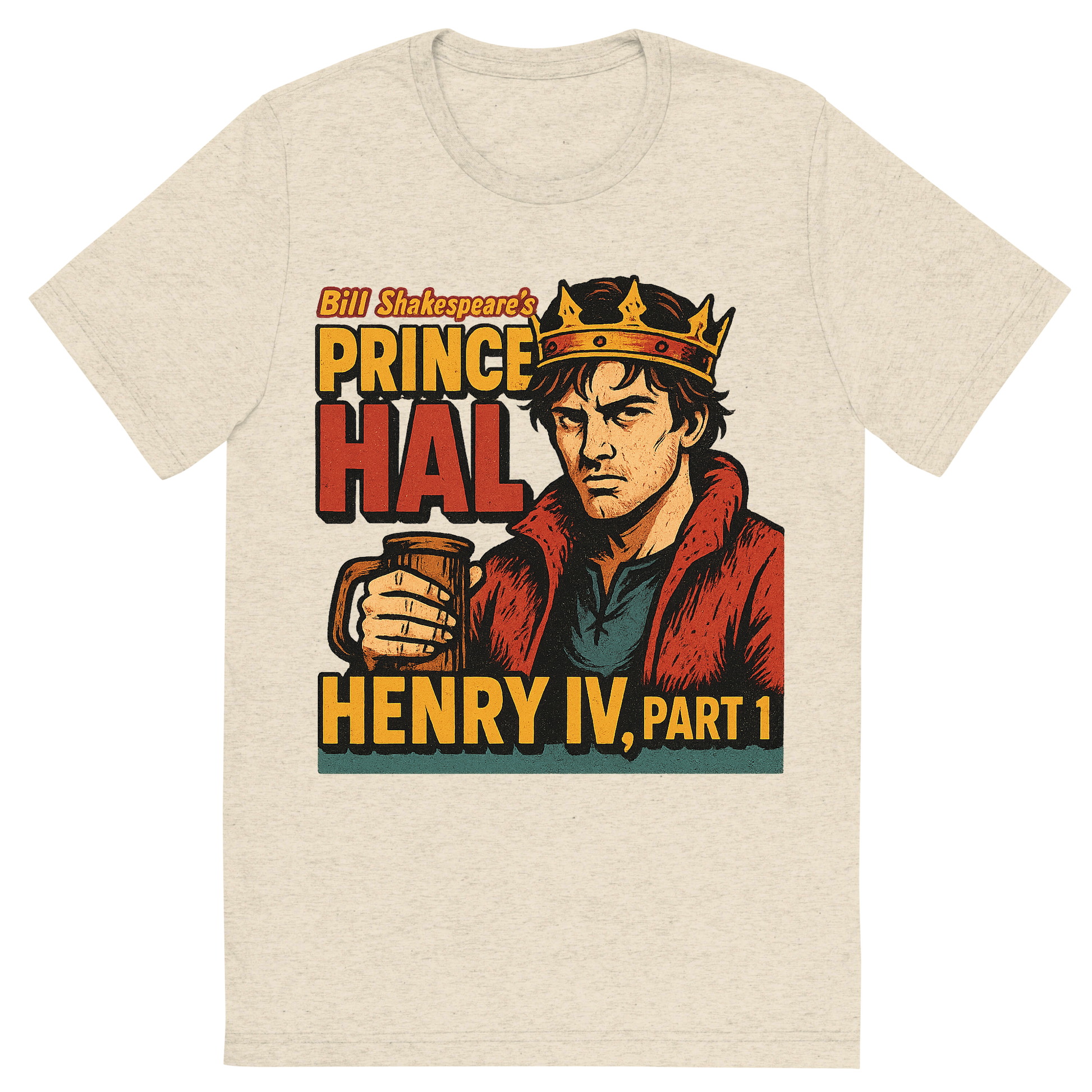 Front view of a Premium Tri-Blend Crew Neck T-Shirt in Oatmeal showing 'A retro, edgy graphic of a visual representation of a key theme and character from william shakespeare's henry iv, part 1'