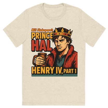 Front view of a Premium Tri-Blend Crew Neck T-Shirt in Oatmeal showing 'A retro, edgy graphic of a visual representation of a key theme and character from william shakespeare's henry iv, part 1'