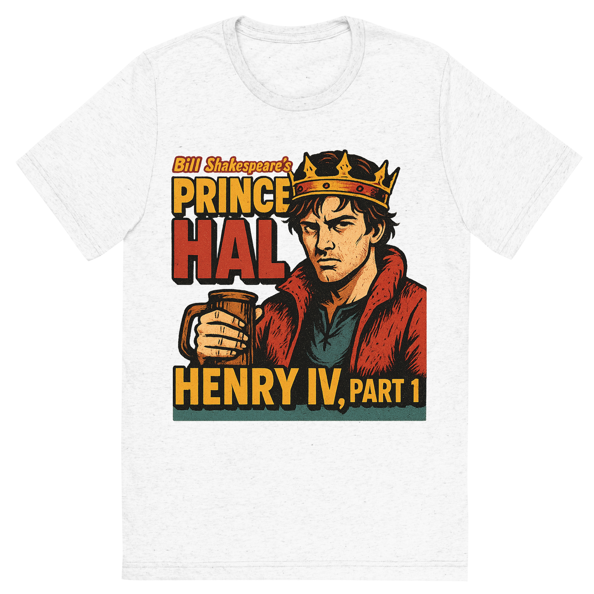 Front view of a Premium Tri-Blend Crew Neck T-Shirt in Solid White showing 'A retro, edgy graphic of a visual representation of a key theme and character from william shakespeare's henry iv, part 1'