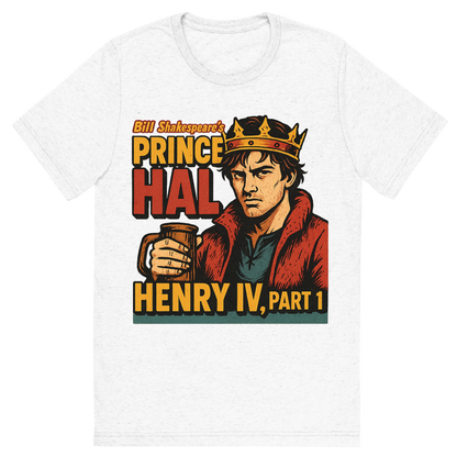 Front view of a Premium Tri-Blend Crew Neck T-Shirt in Solid White showing 'A retro, edgy graphic of a visual representation of a key theme and character from william shakespeare's henry iv, part 1'