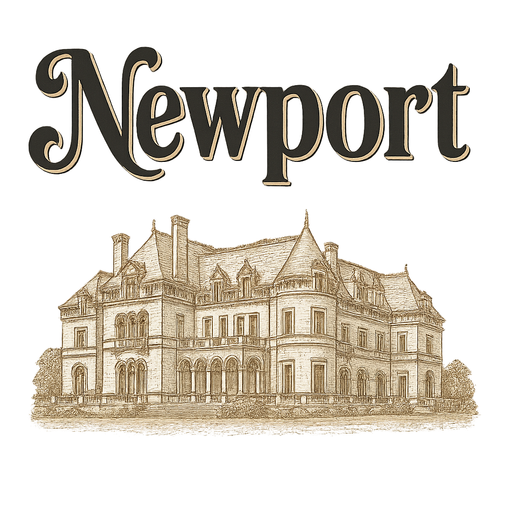 A typographic, nostalgic graphic of a typographic illustration of the words 'newport' with a vintage line art drawing of the gilded age mansions – a t-shirt design