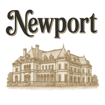 A typographic, nostalgic graphic of a typographic illustration of the words 'newport' with a vintage line art drawing of the gilded age mansions – a t-shirt design