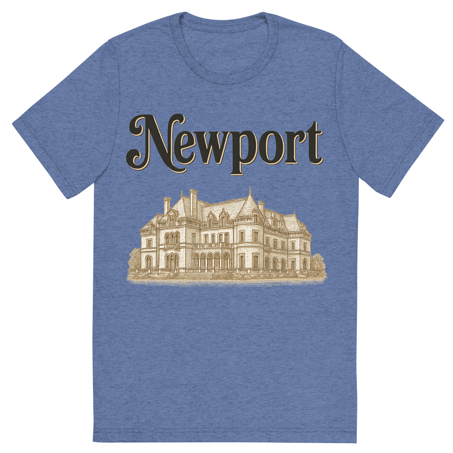 Front view of a Premium Tri-Blend Crew Neck T-Shirt in Blue showing 'A typographic, nostalgic graphic of a typographic illustration of the words 'newport' with a vintage line art drawing of the gilded age mansions'