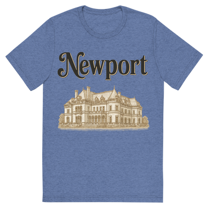 Front view of a Premium Tri-Blend Crew Neck T-Shirt in Blue showing 'A typographic, nostalgic graphic of a typographic illustration of the words 'newport' with a vintage line art drawing of the gilded age mansions'