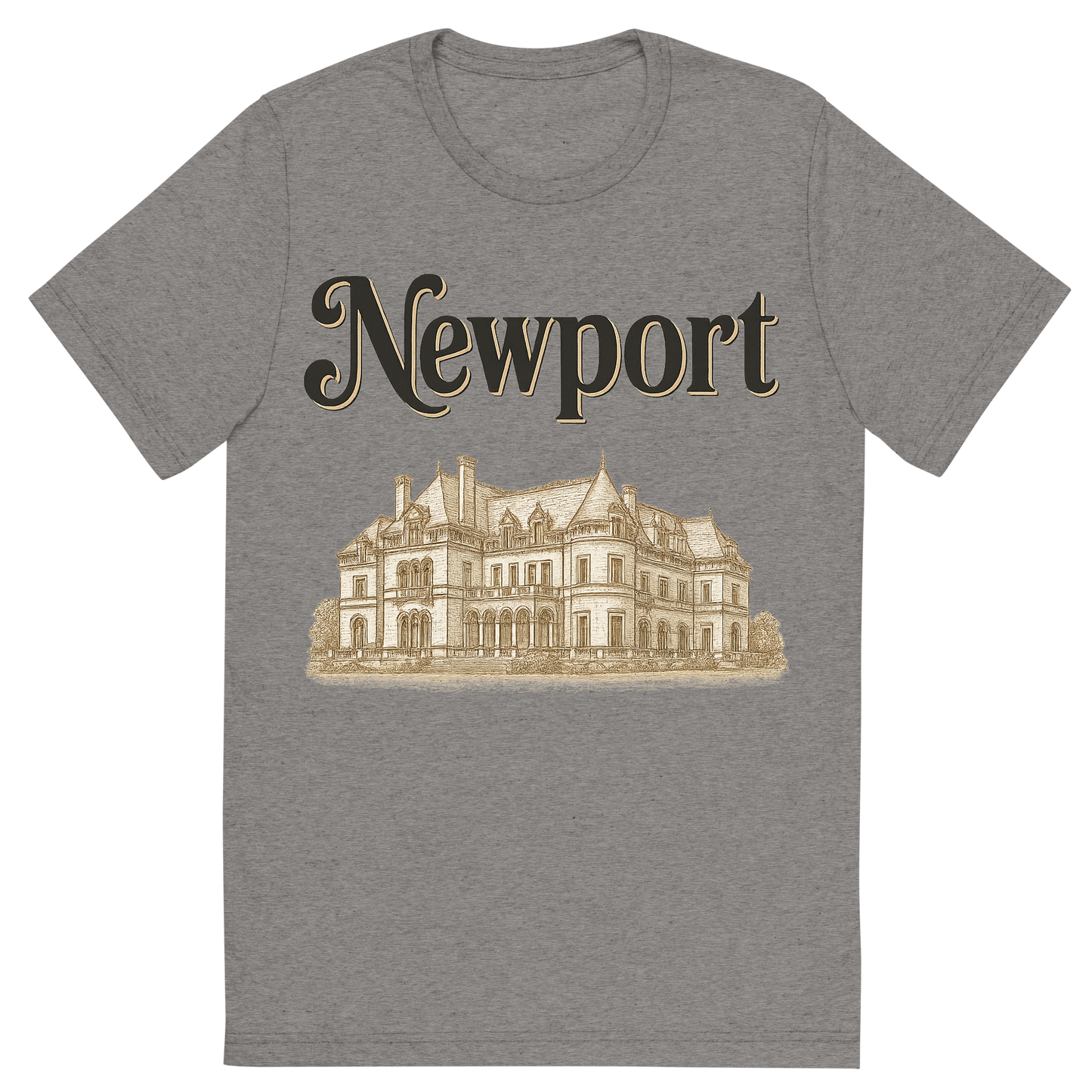 Front view of a Premium Tri-Blend Crew Neck T-Shirt in Grey showing 'A typographic, nostalgic graphic of a typographic illustration of the words 'newport' with a vintage line art drawing of the gilded age mansions'