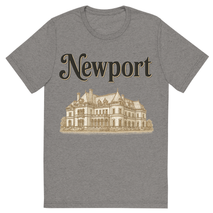 Front view of a Premium Tri-Blend Crew Neck T-Shirt in Grey showing 'A typographic, nostalgic graphic of a typographic illustration of the words 'newport' with a vintage line art drawing of the gilded age mansions'