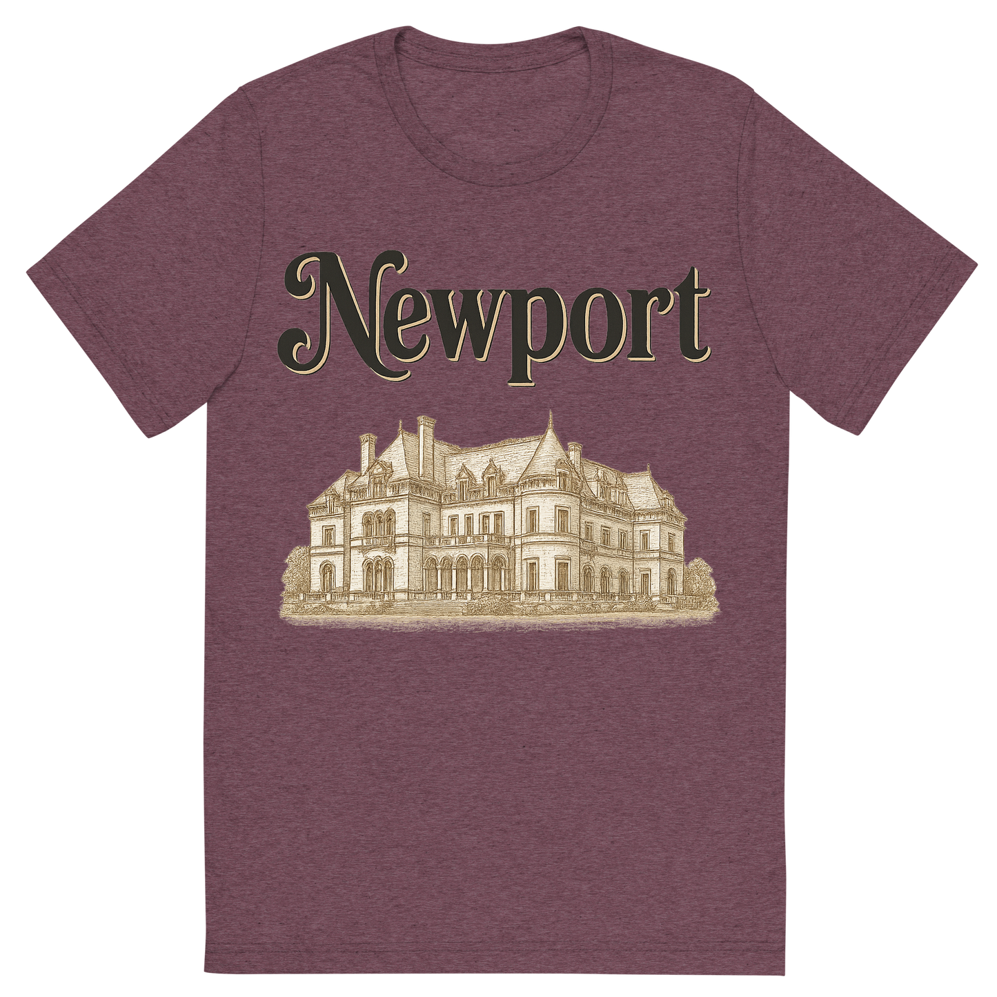 Front view of a Premium Tri-Blend Crew Neck T-Shirt in Maroon showing 'A typographic, nostalgic graphic of a typographic illustration of the words 'newport' with a vintage line art drawing of the gilded age mansions'