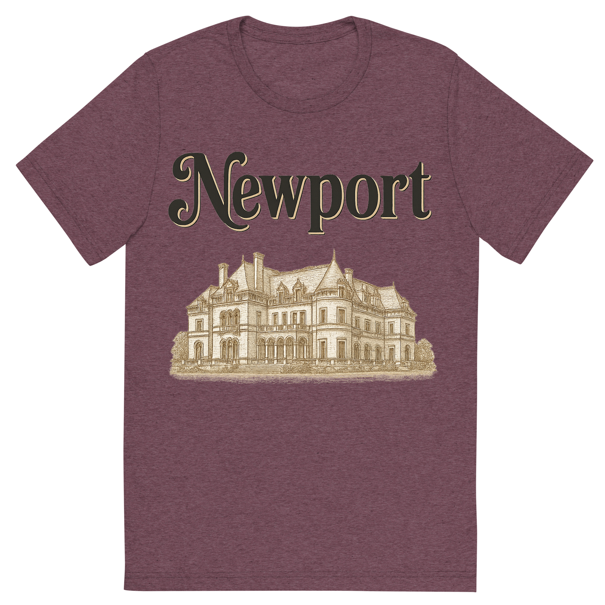 Front view of a Premium Tri-Blend Crew Neck T-Shirt in Maroon showing 'A typographic, nostalgic graphic of a typographic illustration of the words 'newport' with a vintage line art drawing of the gilded age mansions'