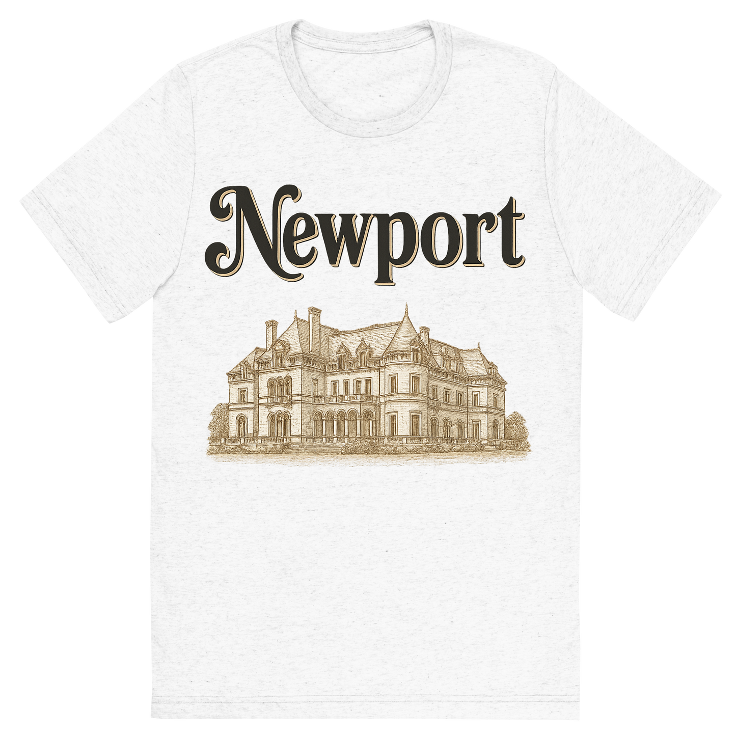 Front view of a Premium Tri-Blend Crew Neck T-Shirt in Solid White showing 'A typographic, nostalgic graphic of a typographic illustration of the words 'newport' with a vintage line art drawing of the gilded age mansions'
