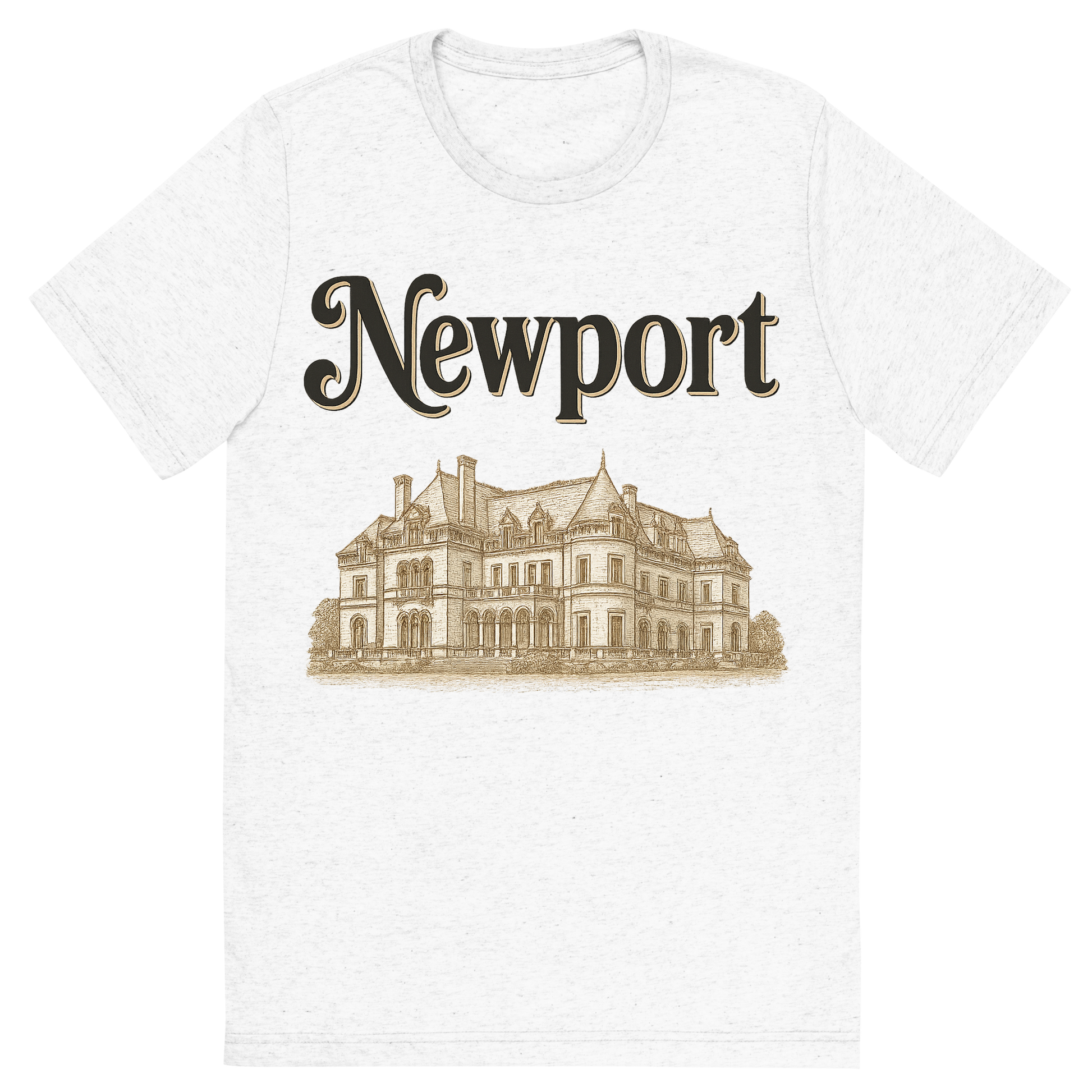 Front view of a Premium Tri-Blend Crew Neck T-Shirt in Solid White showing 'A typographic, nostalgic graphic of a typographic illustration of the words 'newport' with a vintage line art drawing of the gilded age mansions'