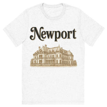 Front view of a Premium Tri-Blend Crew Neck T-Shirt in Solid White showing 'A typographic, nostalgic graphic of a typographic illustration of the words 'newport' with a vintage line art drawing of the gilded age mansions'