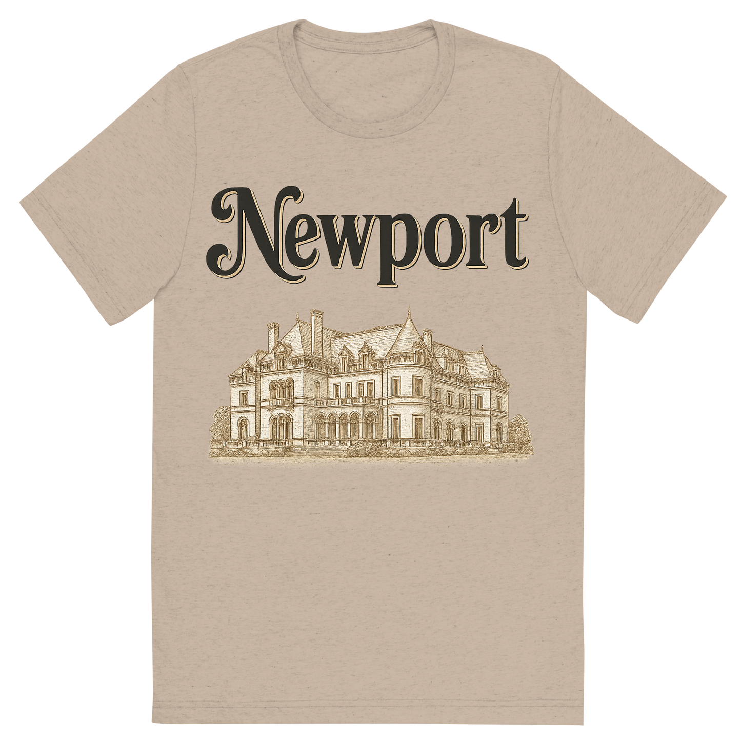 Front view of a Premium Tri-Blend Crew Neck T-Shirt in Tan showing 'A typographic, nostalgic graphic of a typographic illustration of the words 'newport' with a vintage line art drawing of the gilded age mansions'