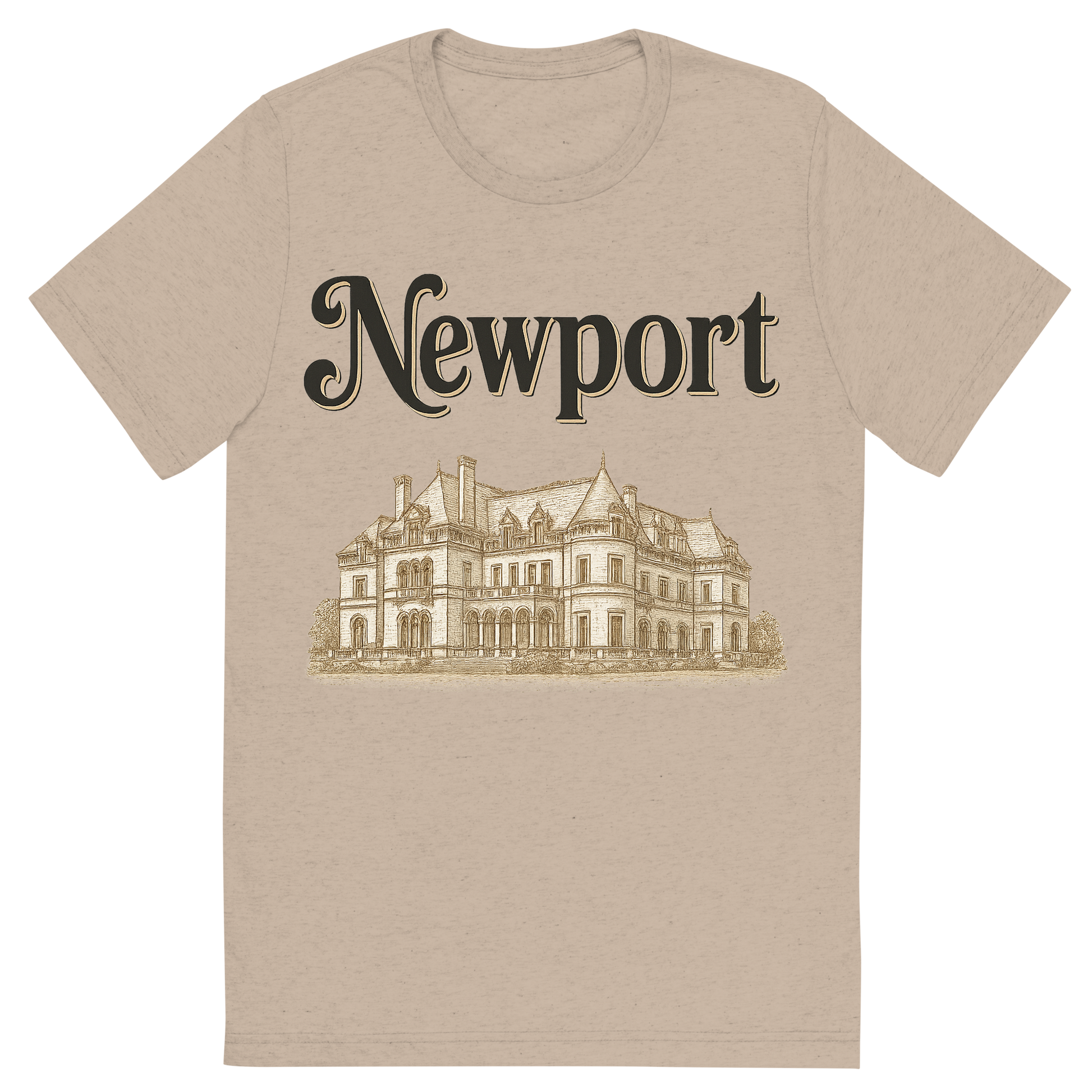 Front view of a Premium Tri-Blend Crew Neck T-Shirt in Tan showing 'A typographic, nostalgic graphic of a typographic illustration of the words 'newport' with a vintage line art drawing of the gilded age mansions'