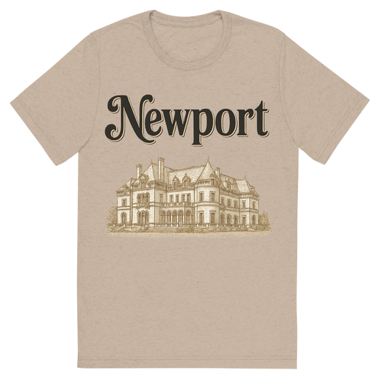 Front view of a Premium Tri-Blend Crew Neck T-Shirt in Tan showing 'A typographic, nostalgic graphic of a typographic illustration of the words 'newport' with a vintage line art drawing of the gilded age mansions'