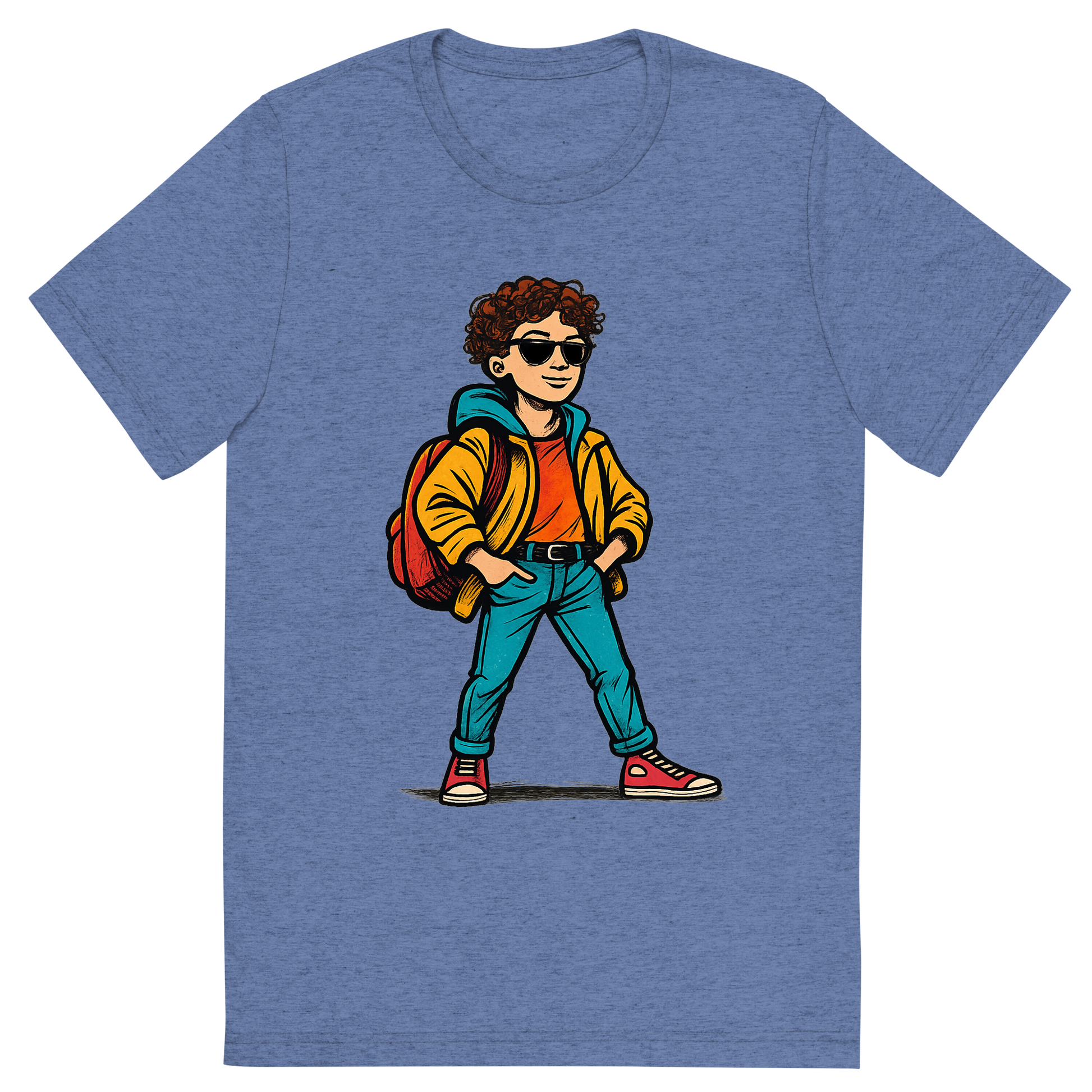 Front view of a Premium Tri-Blend Crew Neck T-Shirt in Blue showing 'A hand-drawn ink with pop color, confident graphic of a hand-drawn ink and color illustration of a stylish student posing confidently on the first day of school, wearing trendy clothes and a backpack, with the text “first day fit” above in bold graffiti-style letters. centered composition, transparent background, optimized for dtg printing.'