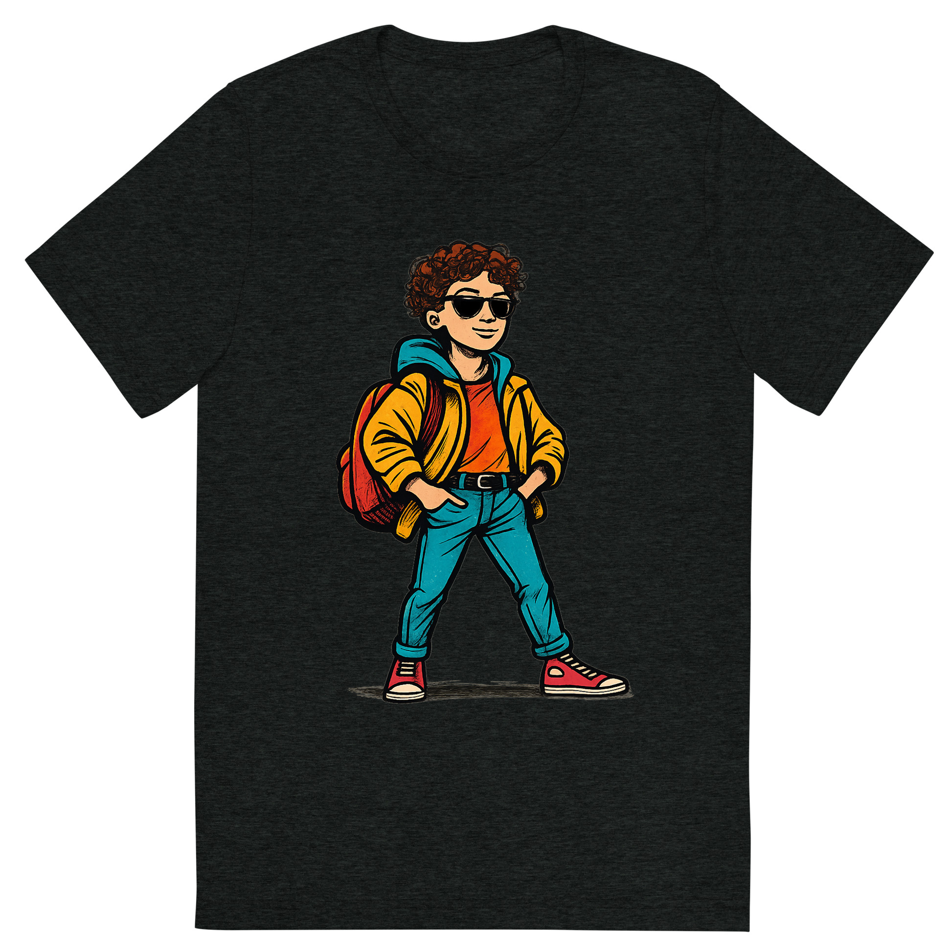 Front view of a Premium Tri-Blend Crew Neck T-Shirt in Charcoal-Black showing 'A hand-drawn ink with pop color, confident graphic of a hand-drawn ink and color illustration of a stylish student posing confidently on the first day of school, wearing trendy clothes and a backpack, with the text “first day fit” above in bold graffiti-style letters. centered composition, transparent background, optimized for dtg printing.'