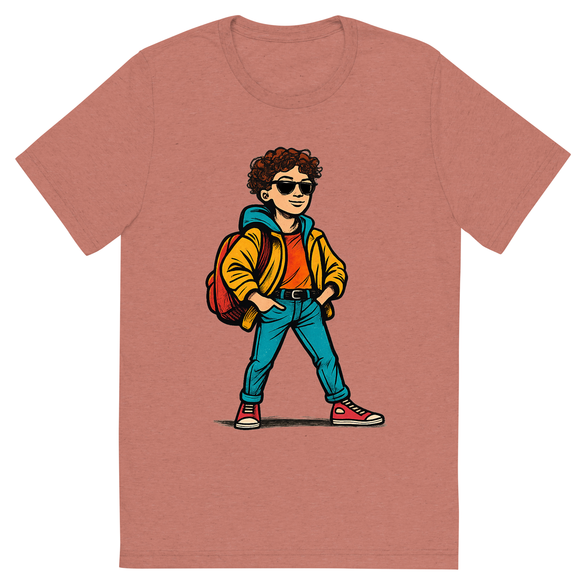 Front view of a Premium Tri-Blend Crew Neck T-Shirt in Mauve showing 'A hand-drawn ink with pop color, confident graphic of a hand-drawn ink and color illustration of a stylish student posing confidently on the first day of school, wearing trendy clothes and a backpack, with the text “first day fit” above in bold graffiti-style letters. centered composition, transparent background, optimized for dtg printing.'