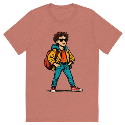 Front view of a Premium Tri-Blend Crew Neck T-Shirt in Mauve showing 'A hand-drawn ink with pop color, confident graphic of a hand-drawn ink and color illustration of a stylish student posing confidently on the first day of school, wearing trendy clothes and a backpack, with the text “first day fit” above in bold graffiti-style letters. centered composition, transparent background, optimized for dtg printing.'