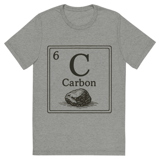 Front view of a Premium Tri-Blend Crew Neck T-Shirt in Athletic Grey showing 'A line art, nostalgic graphic of carbon's entry on the periodic table, use a dark color for the lines and text'