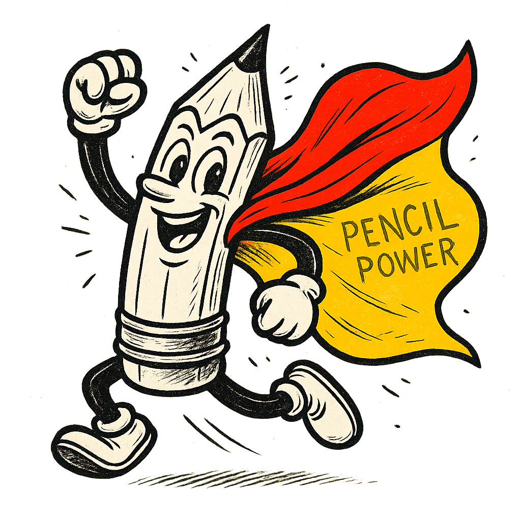 A hand-drawn ink with pop color, energetic graphic of a heroic cartoon pencil character in dynamic pose with a cape, ink-drawn and highlighted with bright yellow and red colors. the words “pencil power” are etched into the cape. centered composition, transparent background, optimized for dtg printing. - a t-shirt design