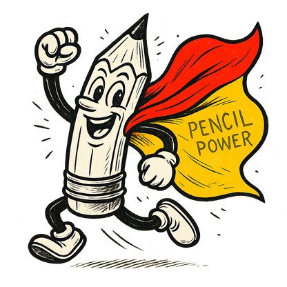 A hand-drawn ink with pop color, energetic graphic of a heroic cartoon pencil character in dynamic pose with a cape, ink-drawn and highlighted with bright yellow and red colors. the words “pencil power” are etched into the cape. centered composition, transparent background, optimized for dtg printing. - a t-shirt design