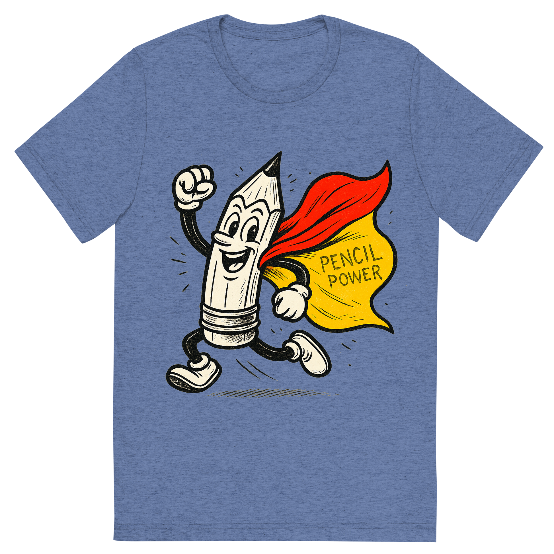 Front view of a Premium Tri-Blend Crew Neck T-Shirt in Blue showing 'A hand-drawn ink with pop color, energetic graphic of a heroic cartoon pencil character in dynamic pose with a cape, ink-drawn and highlighted with bright yellow and red colors. the words “pencil power” are etched into the cape. centered composition, transparent background, optimized for dtg printing.'