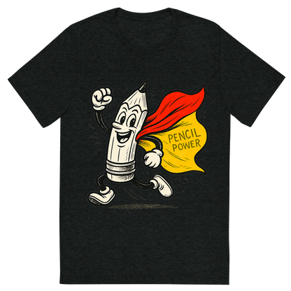 Front view of a Premium Tri-Blend Crew Neck T-Shirt in Charcoal-Black showing 'A hand-drawn ink with pop color, energetic graphic of a heroic cartoon pencil character in dynamic pose with a cape, ink-drawn and highlighted with bright yellow and red colors. the words “pencil power” are etched into the cape. centered composition, transparent background, optimized for dtg printing.'