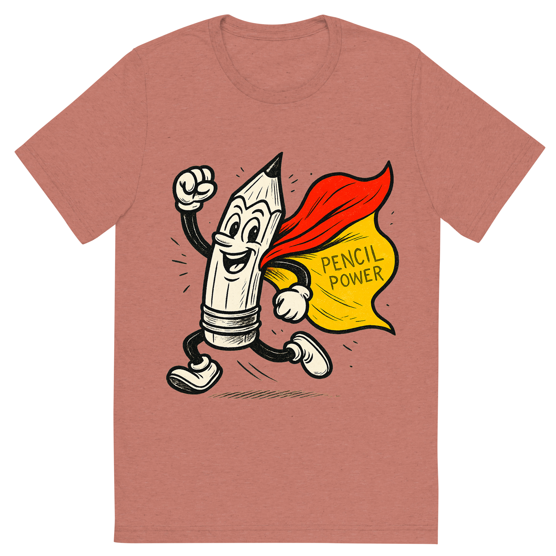 Front view of a Premium Tri-Blend Crew Neck T-Shirt in Mauve showing 'A hand-drawn ink with pop color, energetic graphic of a heroic cartoon pencil character in dynamic pose with a cape, ink-drawn and highlighted with bright yellow and red colors. the words “pencil power” are etched into the cape. centered composition, transparent background, optimized for dtg printing.'