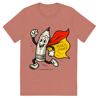 Front view of a Premium Tri-Blend Crew Neck T-Shirt in Mauve showing 'A hand-drawn ink with pop color, energetic graphic of a heroic cartoon pencil character in dynamic pose with a cape, ink-drawn and highlighted with bright yellow and red colors. the words “pencil power” are etched into the cape. centered composition, transparent background, optimized for dtg printing.'