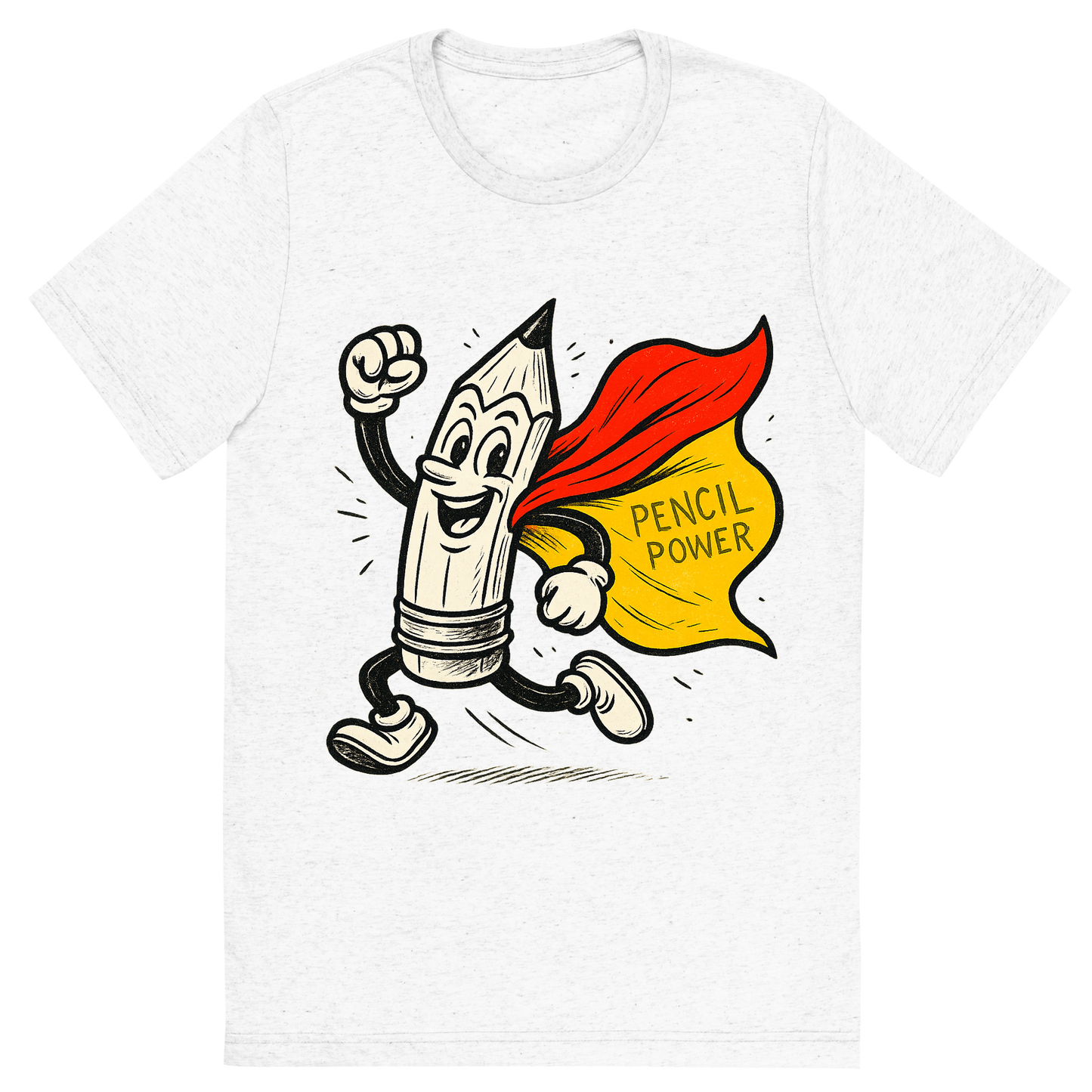 Front view of a Premium Tri-Blend Crew Neck T-Shirt in Solid White showing 'A hand-drawn ink with pop color, energetic graphic of a heroic cartoon pencil character in dynamic pose with a cape, ink-drawn and highlighted with bright yellow and red colors. the words “pencil power” are etched into the cape. centered composition, transparent background, optimized for dtg printing.'