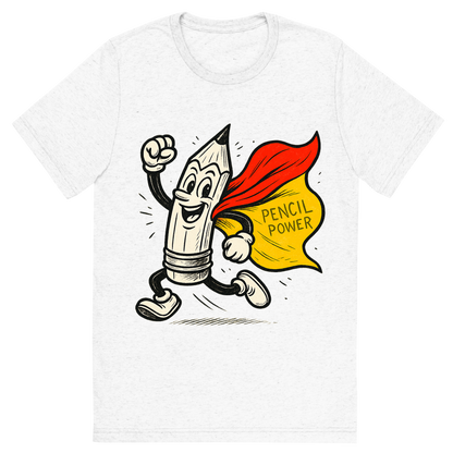 Front view of a Premium Tri-Blend Crew Neck T-Shirt in Solid White showing 'A hand-drawn ink with pop color, energetic graphic of a heroic cartoon pencil character in dynamic pose with a cape, ink-drawn and highlighted with bright yellow and red colors. the words “pencil power” are etched into the cape. centered composition, transparent background, optimized for dtg printing.'