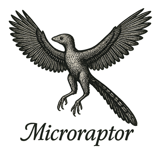 A flat, neutral graphic of a feathered microraptor with wings outstretched in mid-glide. “microraptor” is written below in elegant script. ink illustration on a white background. - a t-shirt design