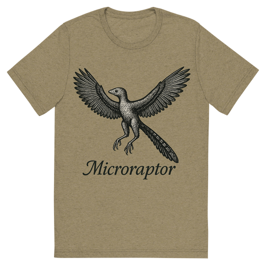 Front view of a Premium Tri-Blend Crew Neck T-Shirt in Olive showing 'A flat, neutral graphic of a feathered microraptor with wings outstretched in mid-glide. “microraptor” is written below in elegant script. ink illustration on a white background.'