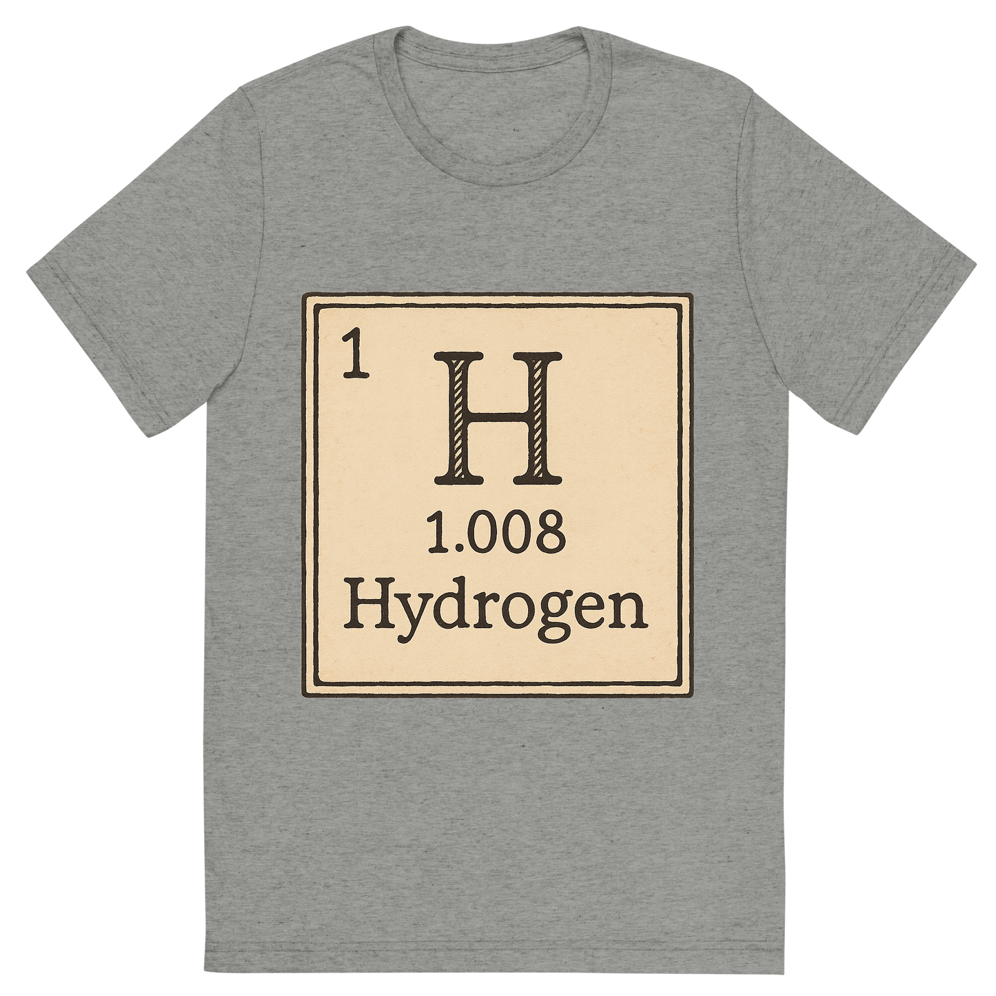 Front view of a Premium Tri-Blend Crew Neck T-Shirt in Athletic Grey showing 'A line art, nostalgic graphic of hydrogen's entry on the periodic table, use a dark color for the lines and text'