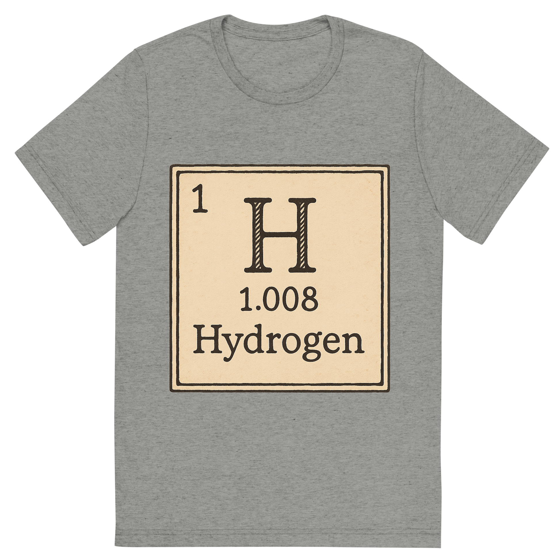 Front view of a Premium Tri-Blend Crew Neck T-Shirt in Athletic Grey showing 'A line art, nostalgic graphic of hydrogen's entry on the periodic table, use a dark color for the lines and text'
