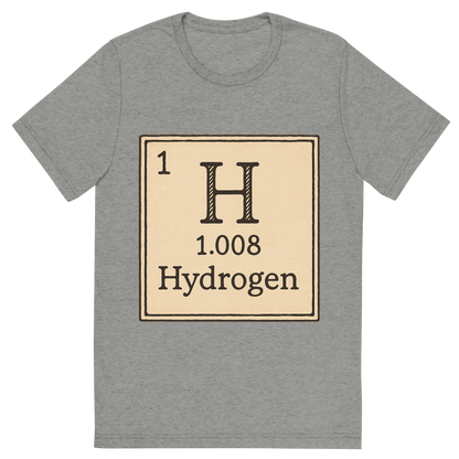 Front view of a Premium Tri-Blend Crew Neck T-Shirt in Athletic Grey showing 'A line art, nostalgic graphic of hydrogen's entry on the periodic table, use a dark color for the lines and text'