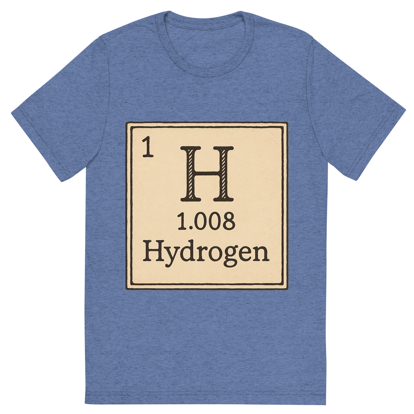 Front view of a Premium Tri-Blend Crew Neck T-Shirt in Blue showing 'A line art, nostalgic graphic of hydrogen's entry on the periodic table, use a dark color for the lines and text'