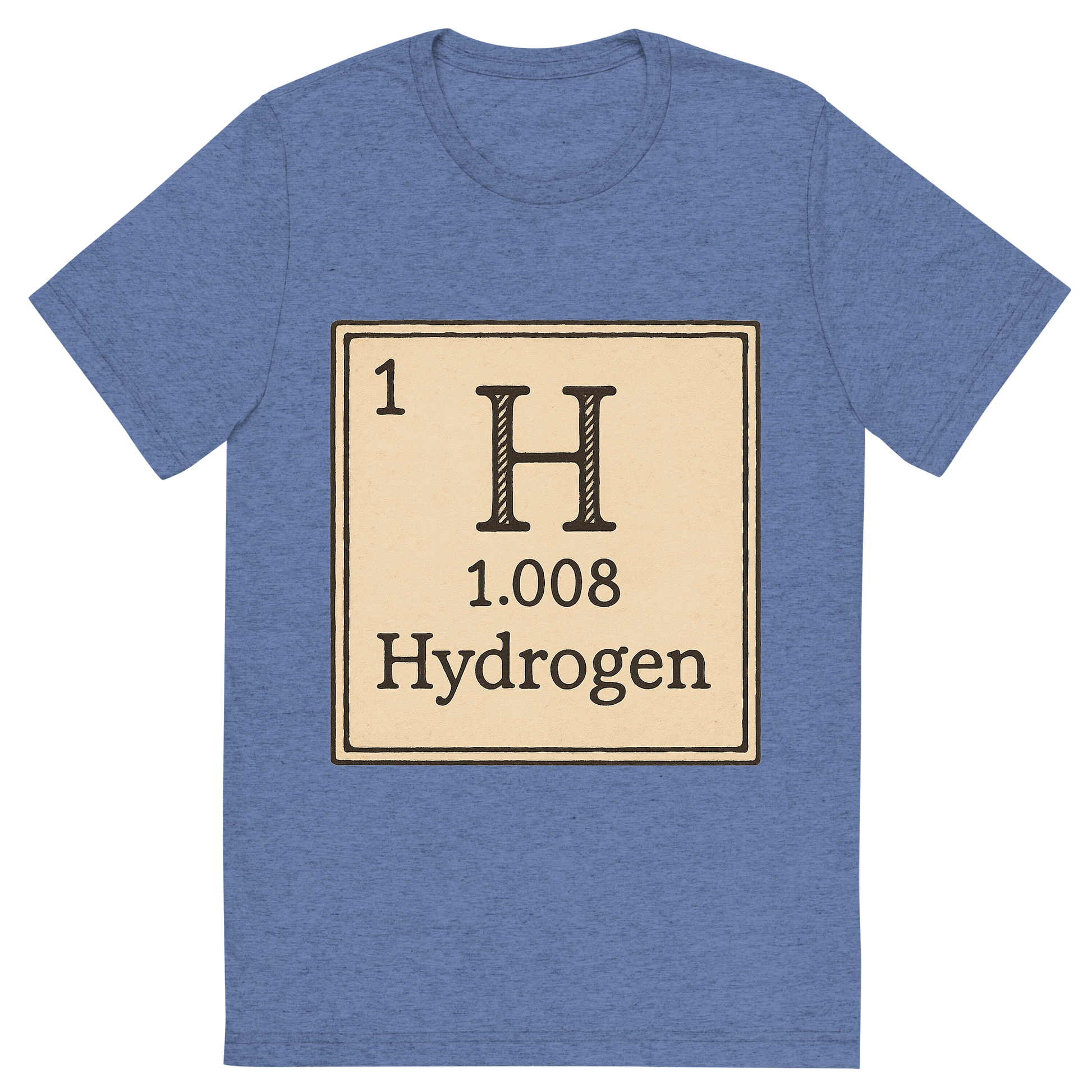 Front view of a Premium Tri-Blend Crew Neck T-Shirt in Blue showing 'A line art, nostalgic graphic of hydrogen's entry on the periodic table, use a dark color for the lines and text'