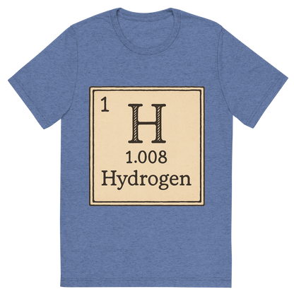 Front view of a Premium Tri-Blend Crew Neck T-Shirt in Blue showing 'A line art, nostalgic graphic of hydrogen's entry on the periodic table, use a dark color for the lines and text'