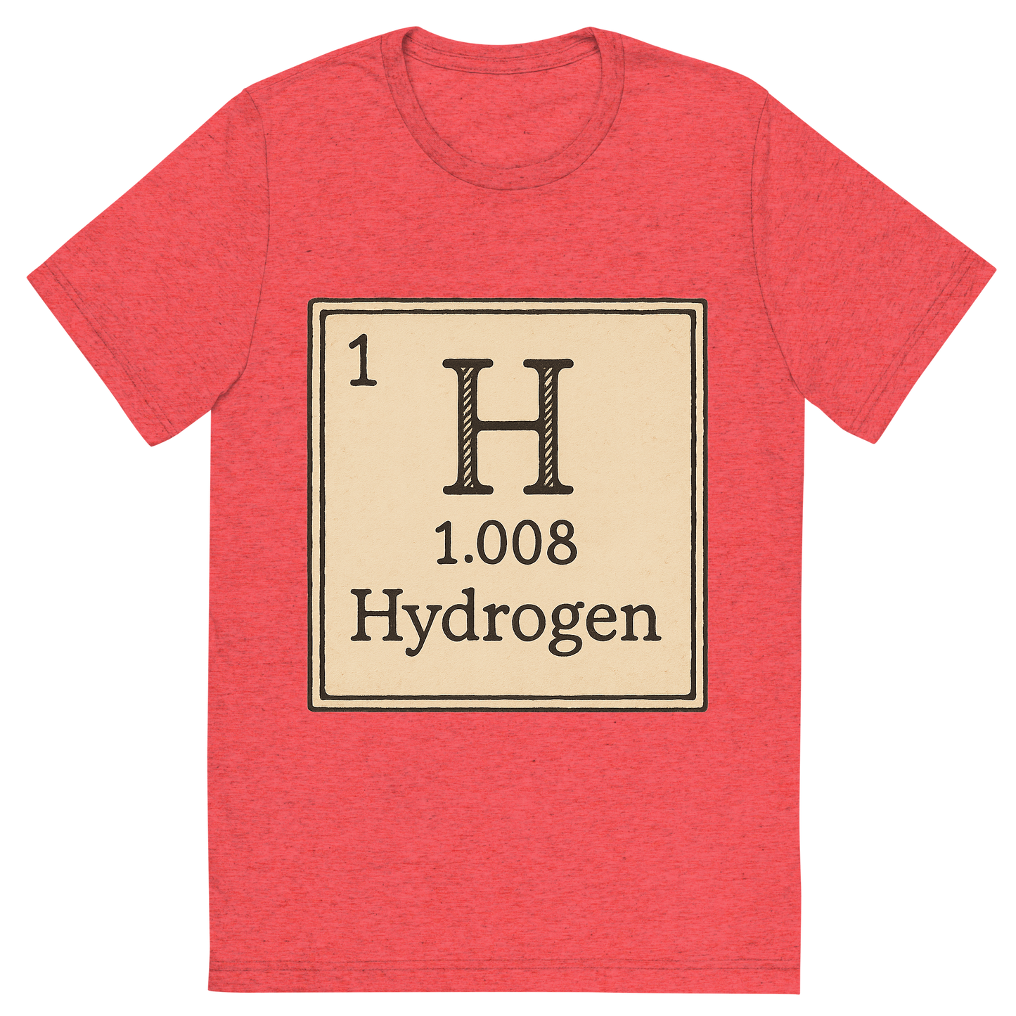 Front view of a Premium Tri-Blend Crew Neck T-Shirt in Red showing 'A line art, nostalgic graphic of hydrogen's entry on the periodic table, use a dark color for the lines and text'