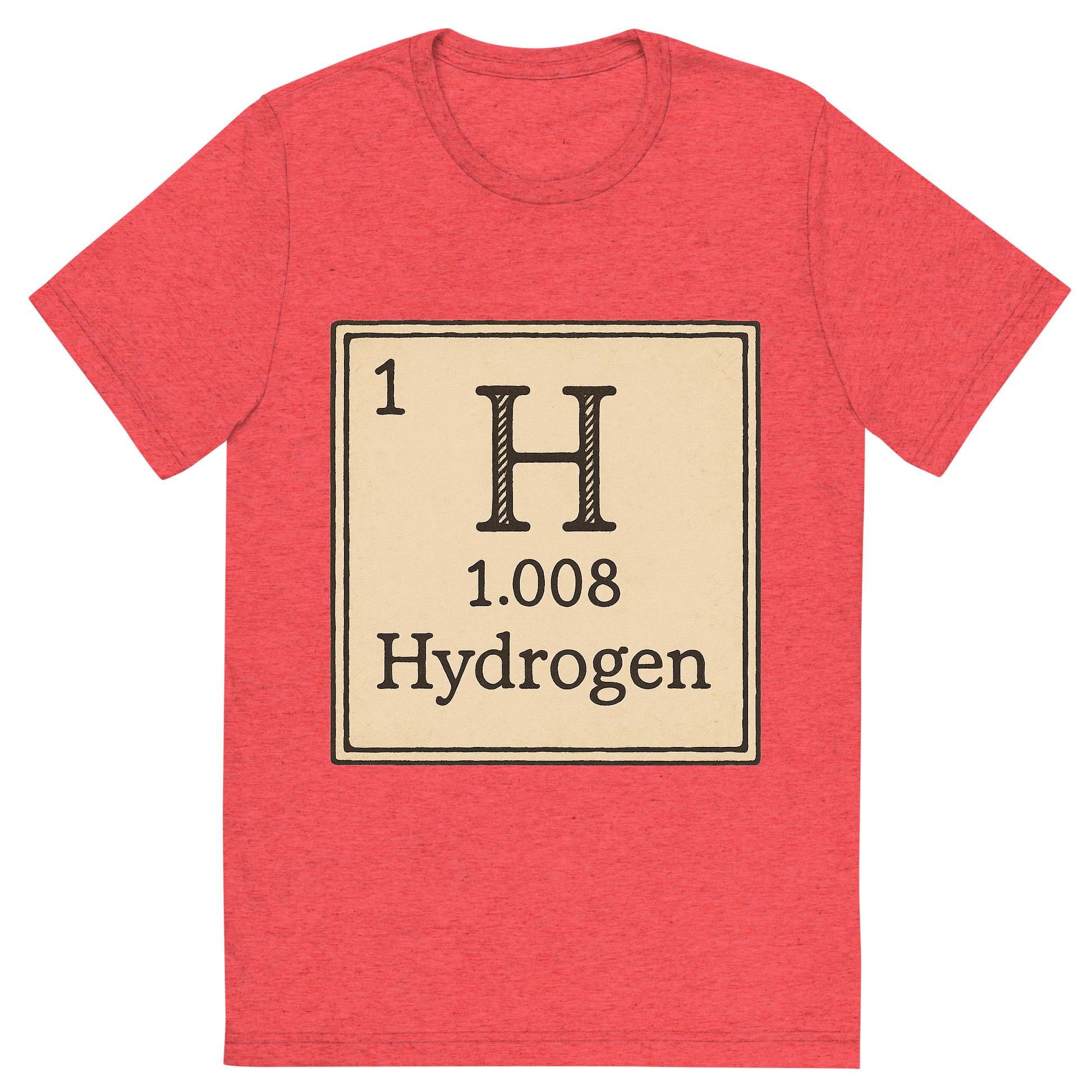 Front view of a Premium Tri-Blend Crew Neck T-Shirt in Red showing 'A line art, nostalgic graphic of hydrogen's entry on the periodic table, use a dark color for the lines and text'