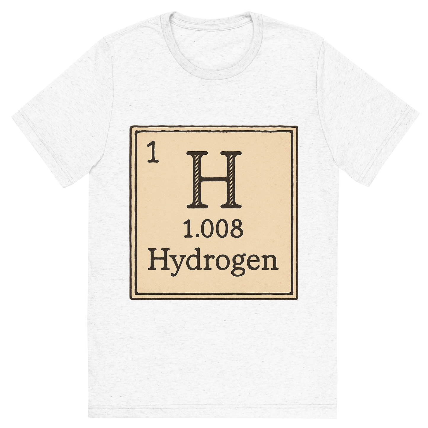 Front view of a Premium Tri-Blend Crew Neck T-Shirt in Solid White showing 'A line art, nostalgic graphic of hydrogen's entry on the periodic table, use a dark color for the lines and text'