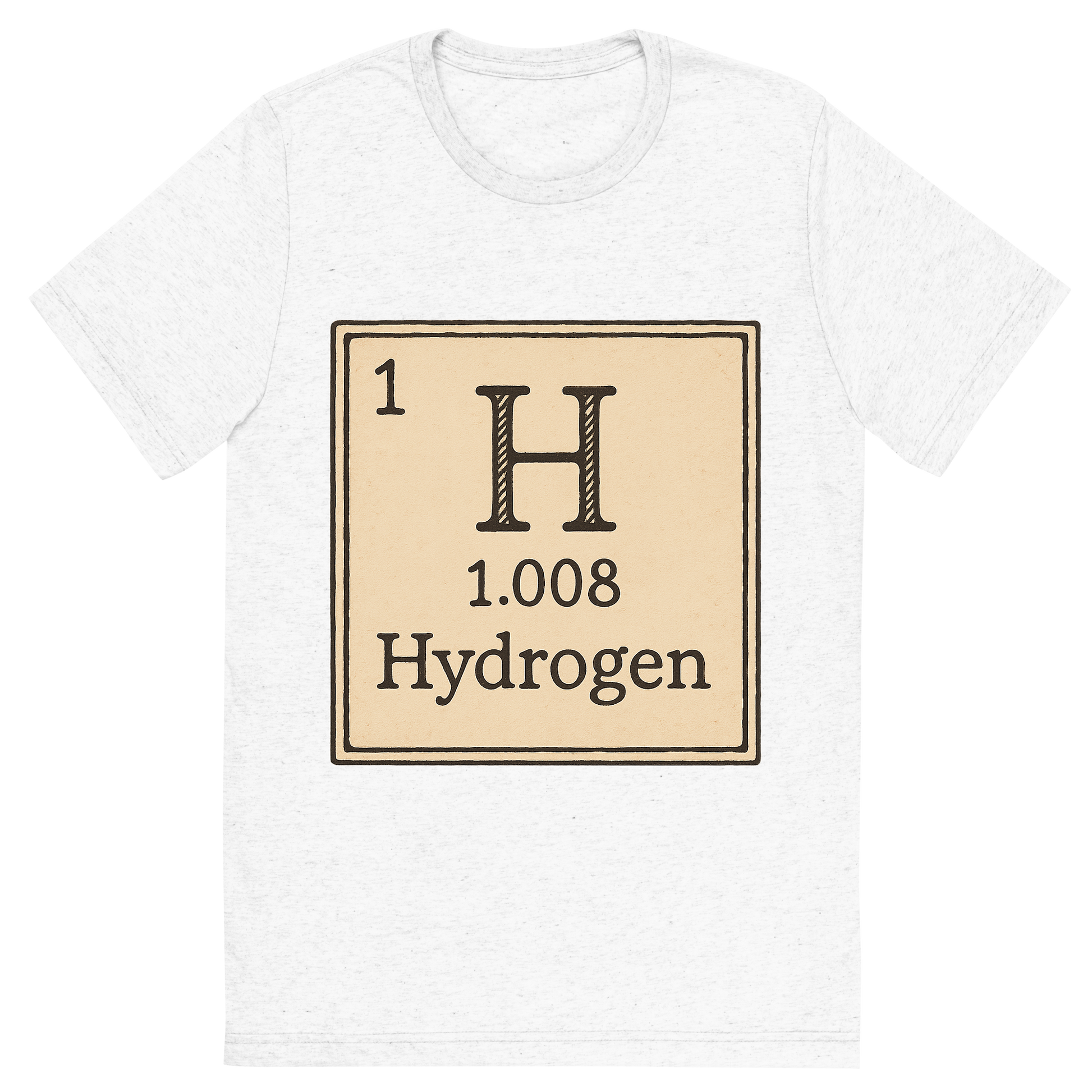 Front view of a Premium Tri-Blend Crew Neck T-Shirt in Solid White showing 'A line art, nostalgic graphic of hydrogen's entry on the periodic table, use a dark color for the lines and text'