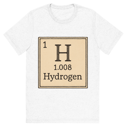 Front view of a Premium Tri-Blend Crew Neck T-Shirt in Solid White showing 'A line art, nostalgic graphic of hydrogen's entry on the periodic table, use a dark color for the lines and text'