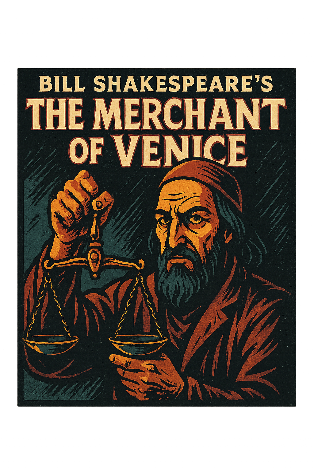A retro, edgy graphic of a visual representation of a key theme and character from william shakespeare's the merchant of venice – a t-shirt design